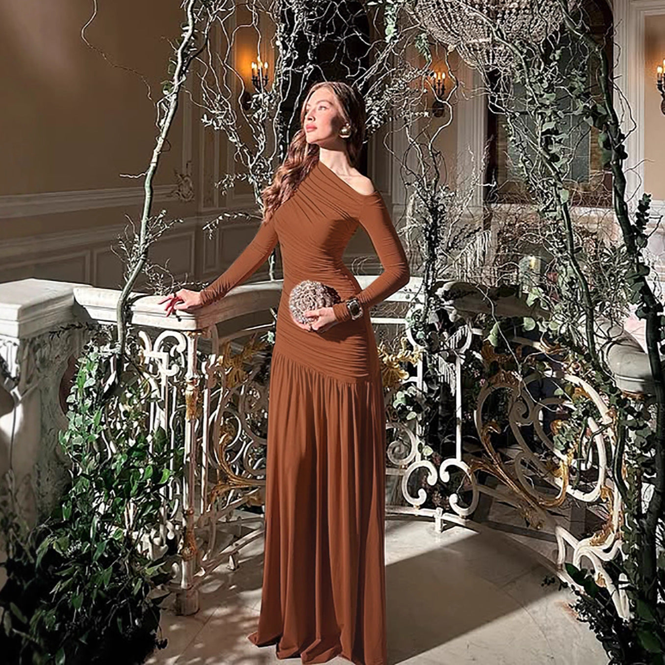 Women Clothing Autumn Solid Color One Shoulder Cold Shoulder Long Sleeve Stitching Dress by Ragazza