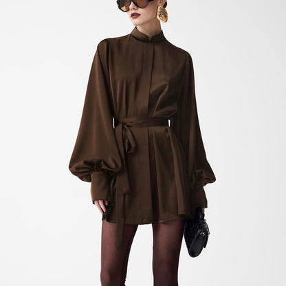 Women Clothing Autumn Stand up Collar Long Sleeved Lace up A line Short Dress by Ragazza