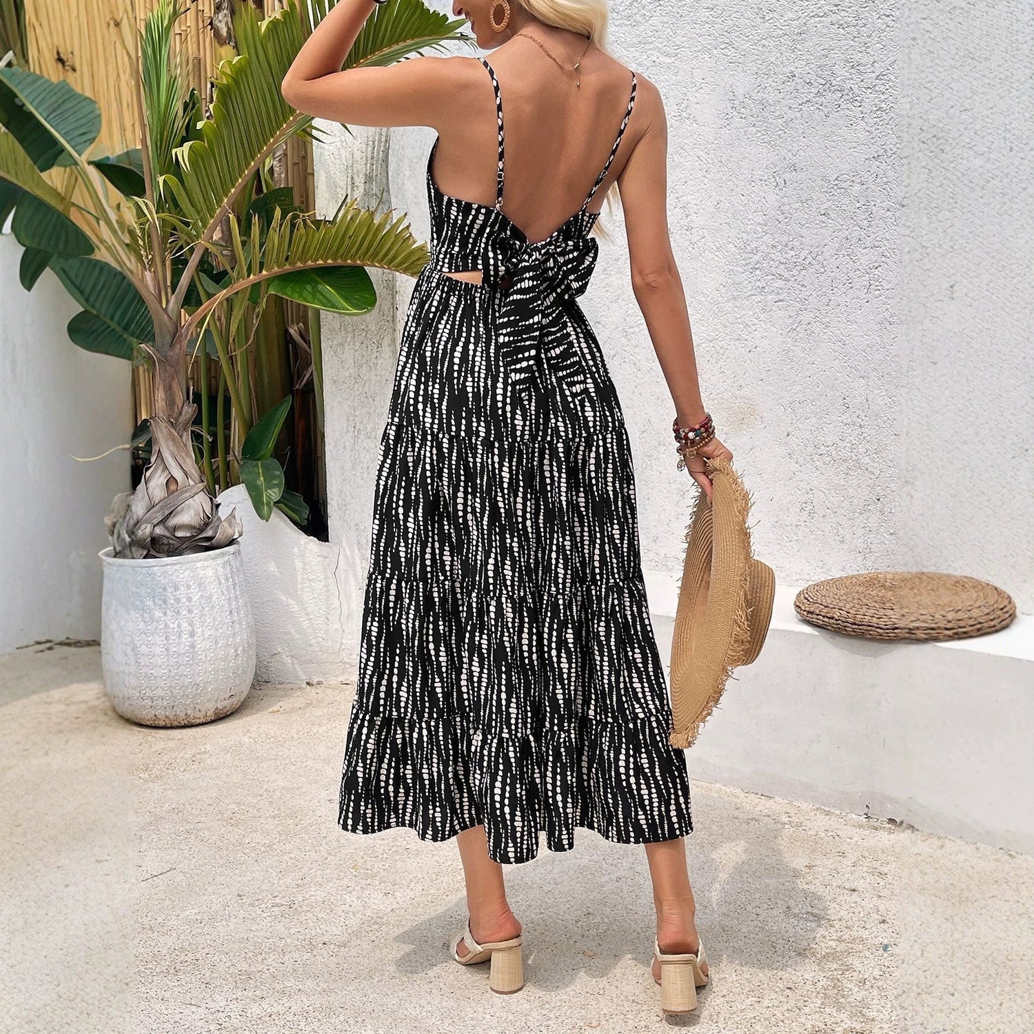 Summer Strap Backless Lace up Dress Striped Design Waist Slimming Vacation Dress  DestGlow