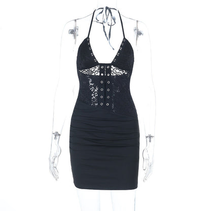 Sexy Lace Sling Dress Summer V neck Backless Lace up Sheath Dress  DestGlow