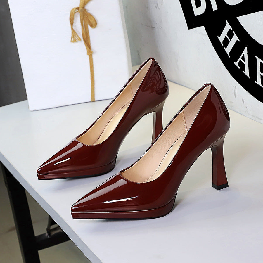 Waterproof Platform Super High Heel Sexy Party Slip on Thick Heel Not Tired Feet Advanced Patent Leather Pumps Women  DestGlow