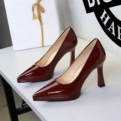 Waterproof Platform Super High Heel Sexy Party Slip on Thick Heel Not Tired Feet Advanced Patent Leather Pumps Women  DestGlow