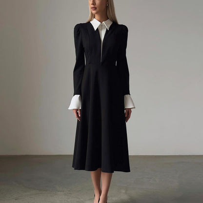 Black White Stitching Faux Two Pieces Sets Dress Women Elegant High Waist A line Dress by Ragazza