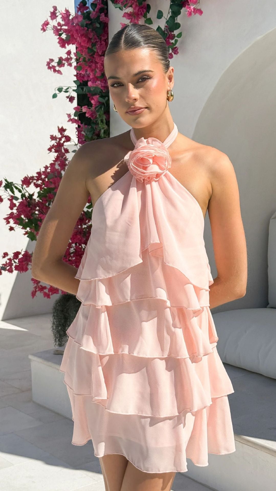 Summer Women Clothing Backless Halter Three Dimensional Floral Decorative Laminated Ruffled Short Dress by Ragazza