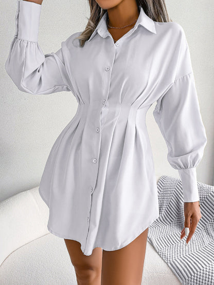 Autumn Winter Casual Lantern Sleeve Waist-Tight Asymmetric Dress Shirt Dress Women Clothing by Ragazza
