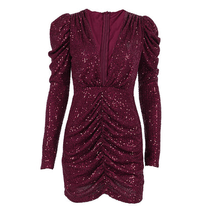 Spring V neck Sexy Sequined Elegant Slim Fit Long Sleeve Hip Dress by Ragazza