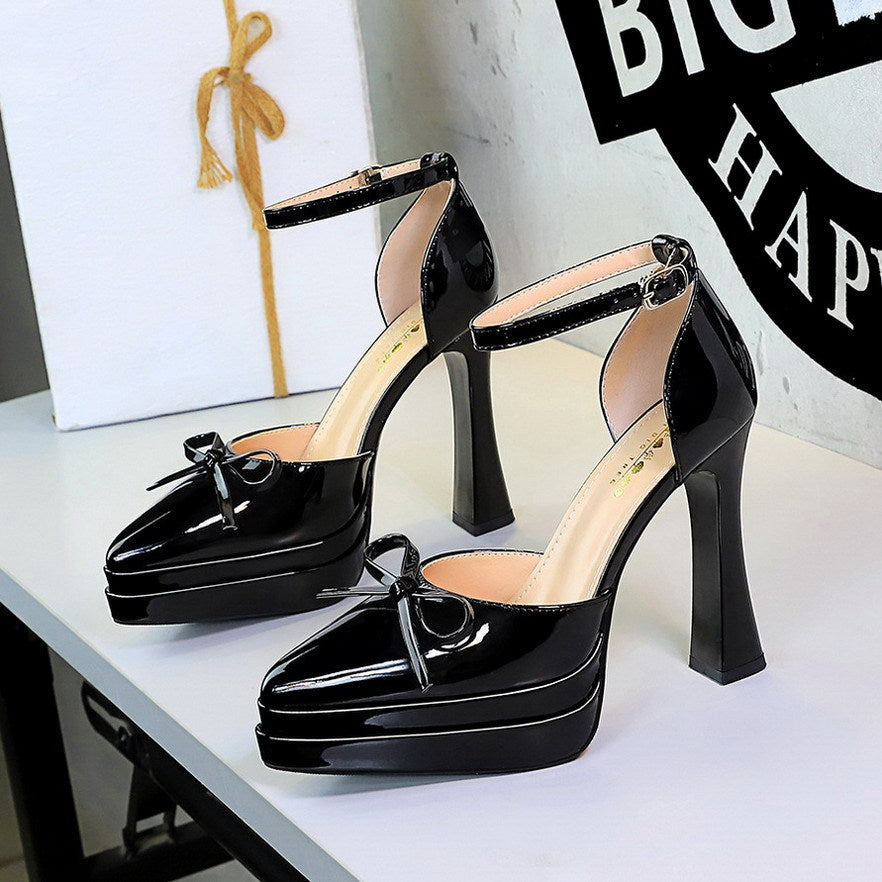 Sexy Double Layer Waterproof Platform Super High Heel Buckle Bow Patent Leather Pointed Toe Hollowed  DestGlow