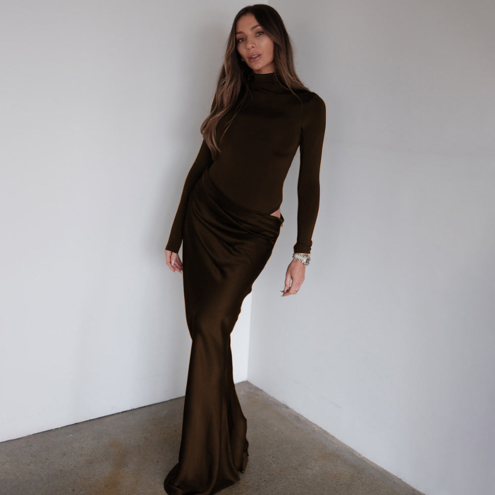 Summer Half High Collar Long Sleeves Dress Sexy Slim Fit Faux Two Piece Solid Color Dress by Ragazza