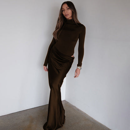Summer Half High Collar Long Sleeves Dress Sexy Slim Fit Faux Two Piece Solid Color Dress by Ragazza