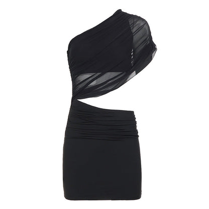 Fashionable Women Clothing Sexy Mesh Shoulder Hollow Out Cutout out Cropped Stitching Hip Short Dress  DestGlow