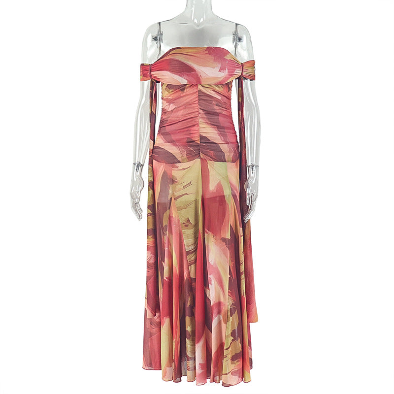 Women Clothing Loose Comfort Printing Pleated Cool Hip Dress Tube Top Diagonal Collar Holiday Maxi Dress by Ragazza