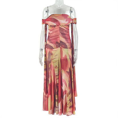 Women Clothing Loose Comfort Printing Pleated Cool Hip Dress Tube Top Diagonal Collar Holiday Maxi Dress by Ragazza