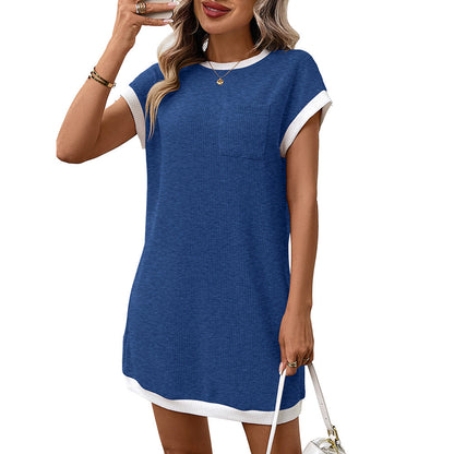 Summer Women Solid Color Casual Contrast Color Short Sleeve Pocket Dress by Ragazza