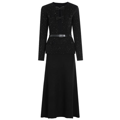 Spring Autumn Knitted round Neck Slim Fit Slimming Heavy Industry Beads Long Sleeve Dress by Ragazza