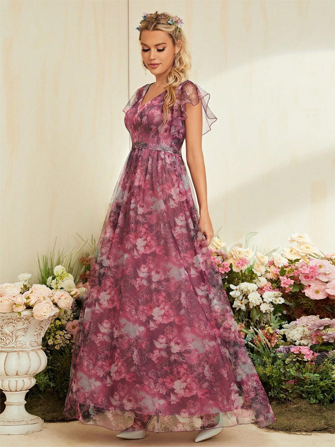 Evening Dress V neck Printed Mesh Ruffled Large Swing Party Dress Bridesmaid Dress Dance Dress Spring A Line by Ragazza