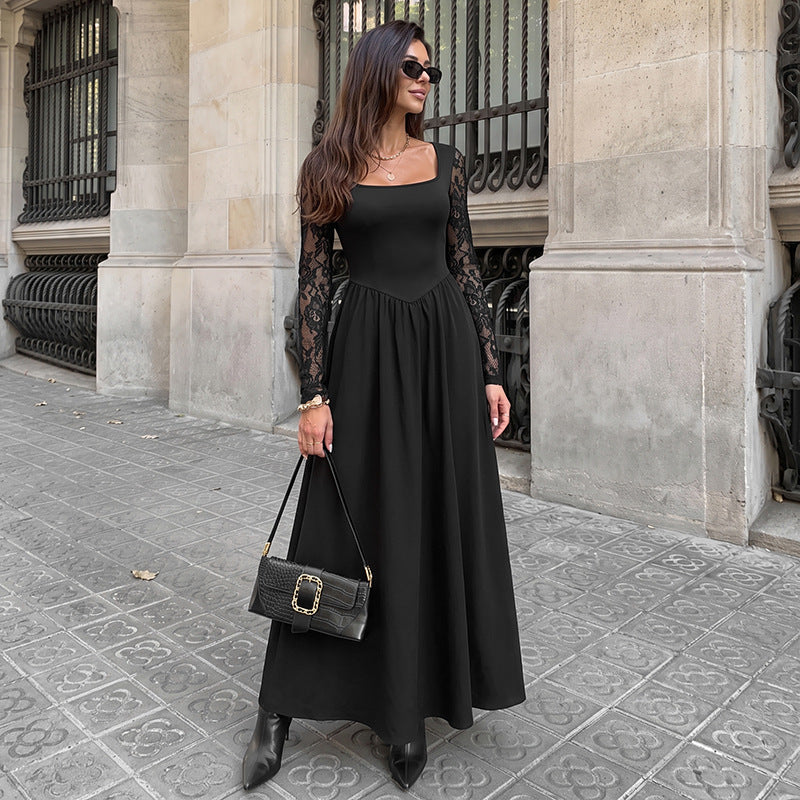 Elegant Lightly Mature Black Square Collar Lace Long Sleeve Dress  DestGlow