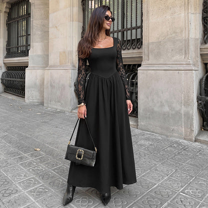 Elegant Lightly Mature Black Square Collar Lace Long Sleeve Dress  DestGlow