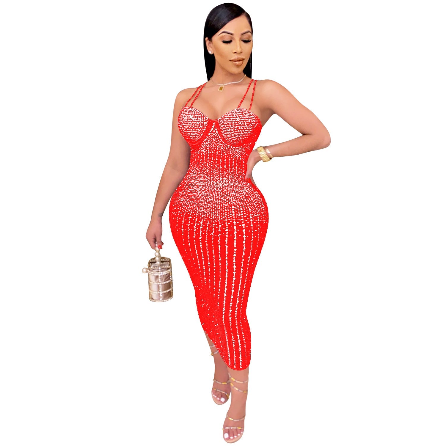 Women Wear Party Nightclub Mesh See through Rhinestone Diamond Strap Dress by Ragazza