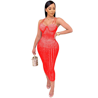 Women Wear Party Nightclub Mesh See through Rhinestone Diamond Strap Dress by Ragazza