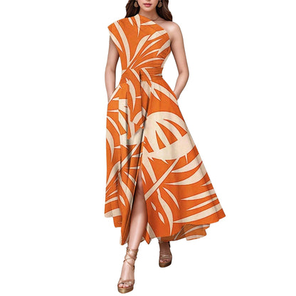 Women Wear Printed Dress One Shoulder Sleeveless Dress by Ragazza