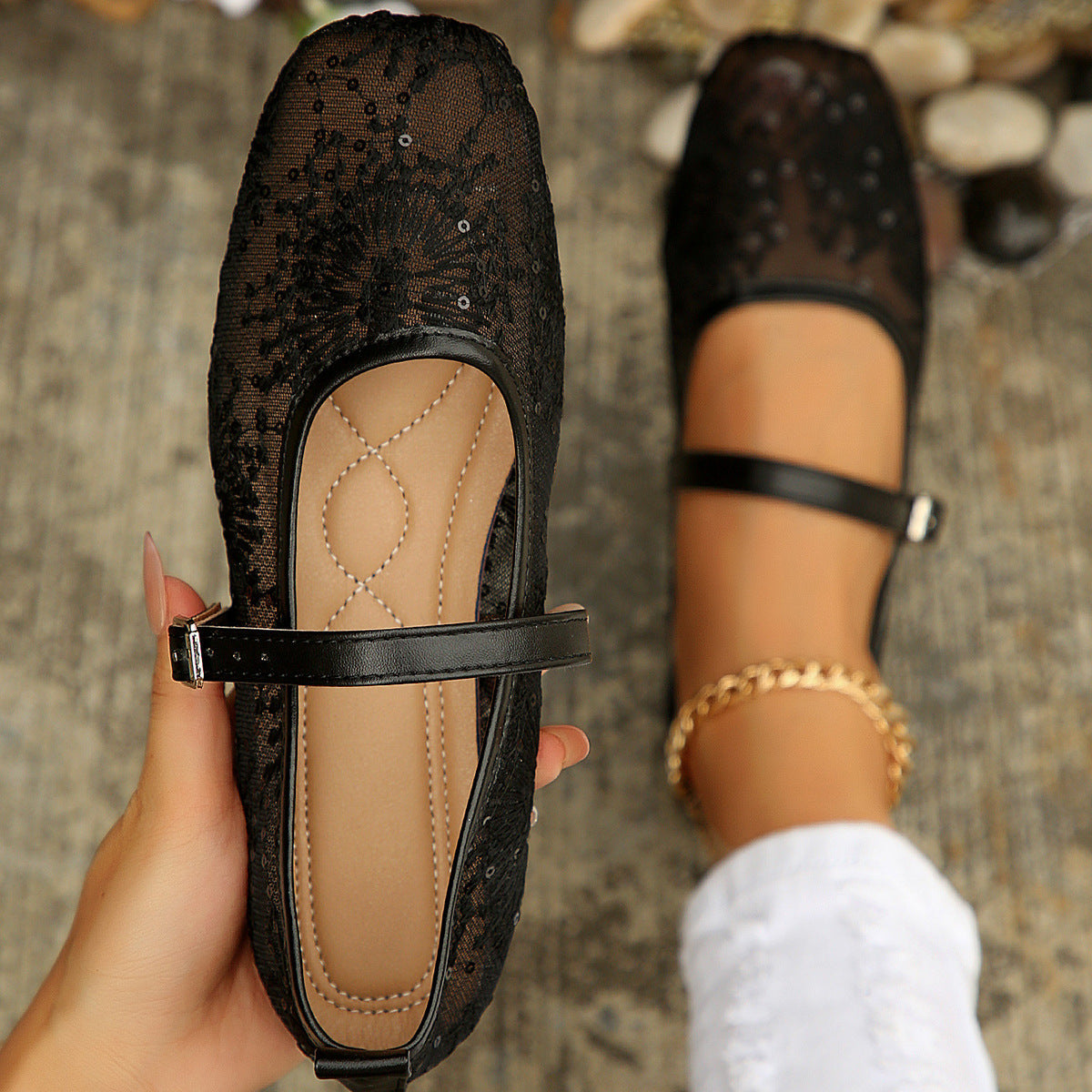 Mesh Breathable Low Top Shoes Women Vintage Mary Jane Flat Shallow Belt Buckle Loafers  DestGlow