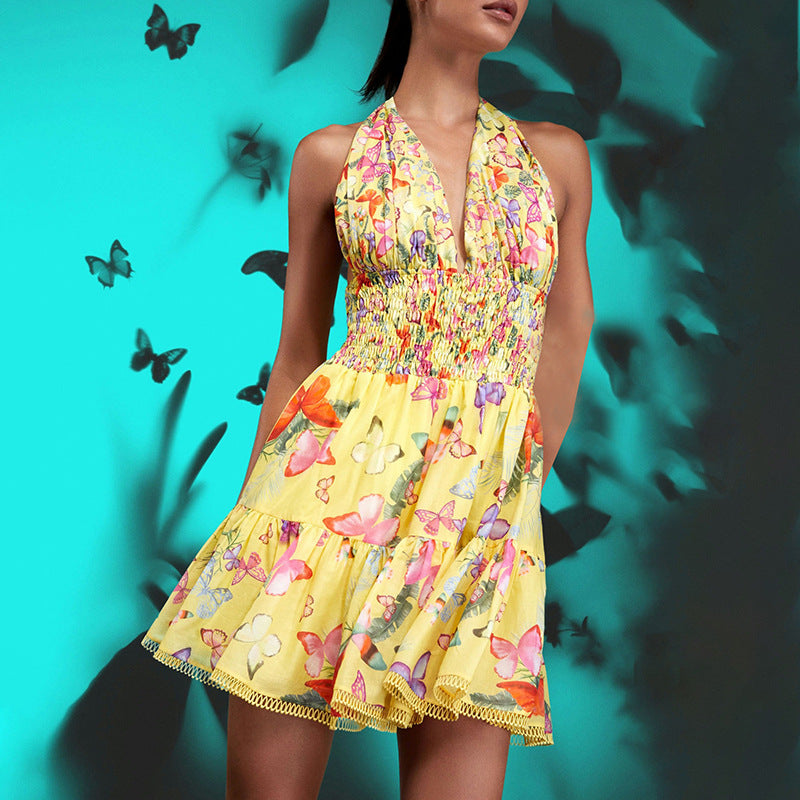 Retro Printed Vacation Summer Halter Design Deep V Plunge neck Sleeveless Short Dress for Women by Ragazza