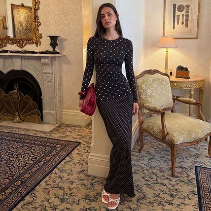 Women Autumn Long Sleeve round Neck Polka Dot Slim Fit Maxi Dress Casual Sheath Dress  DestGlow