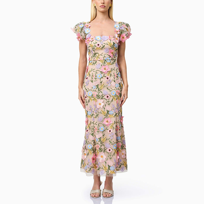 French Romantic Embroidered Design Square Collar Dress Three Dimensional Floral Slim Fit Maxi Dress Women Summer  DestGlow