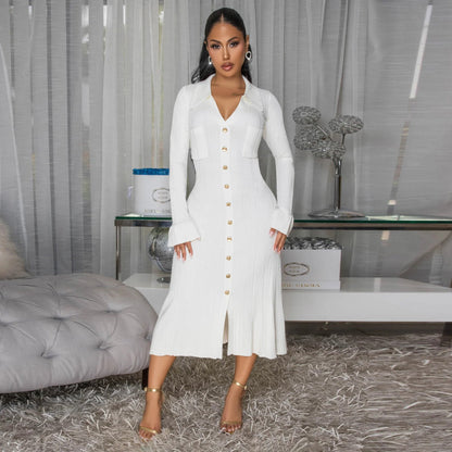 Women Wear V neck Solid Color Dress Single Breasted Long Sleeve Dress by Ragazza