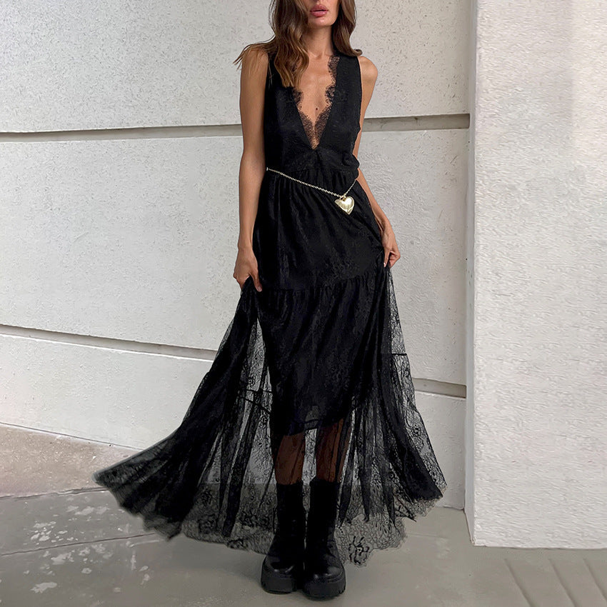 Sexy Black Brocade Lace Dress All Matching Sexy V-neck Loose Backless Women Dress by Ragazza