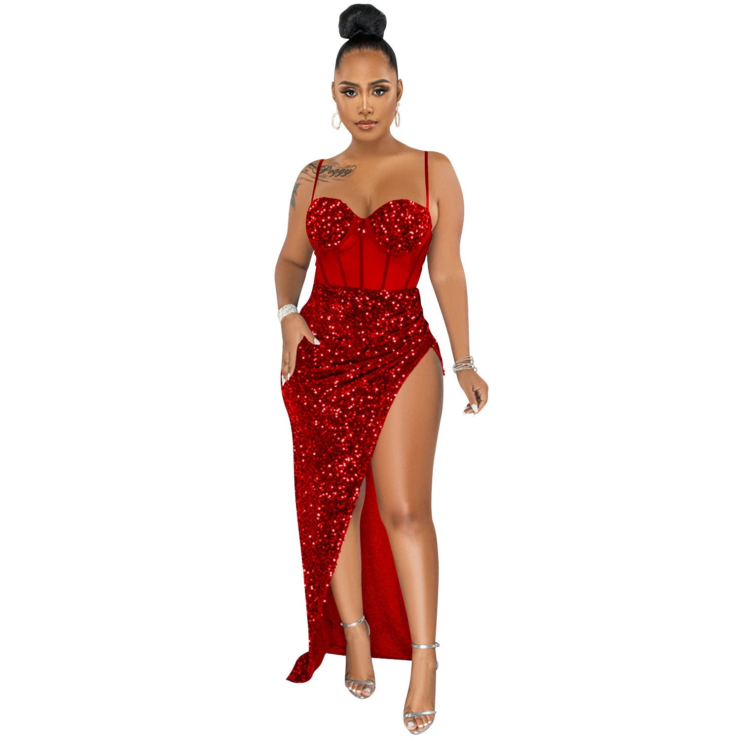 Suspenders Sequin Mesh See through Irregular Asymmetric Slit Dress Women by Ragazza