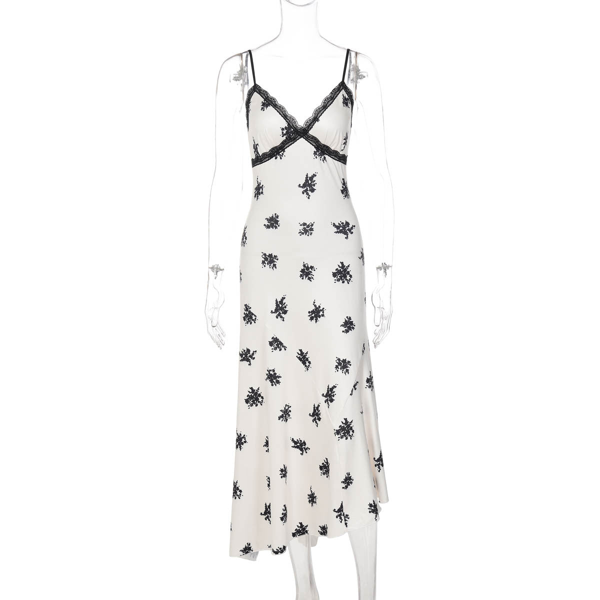 Sexy Stitching Lace V neck Sleeveless Printed Slim Fit Long Strap Dress Women by Ragazza
