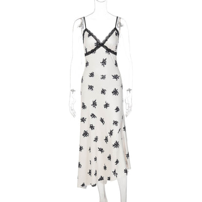 Sexy Stitching Lace V neck Sleeveless Printed Slim Fit Long Strap Dress Women by Ragazza