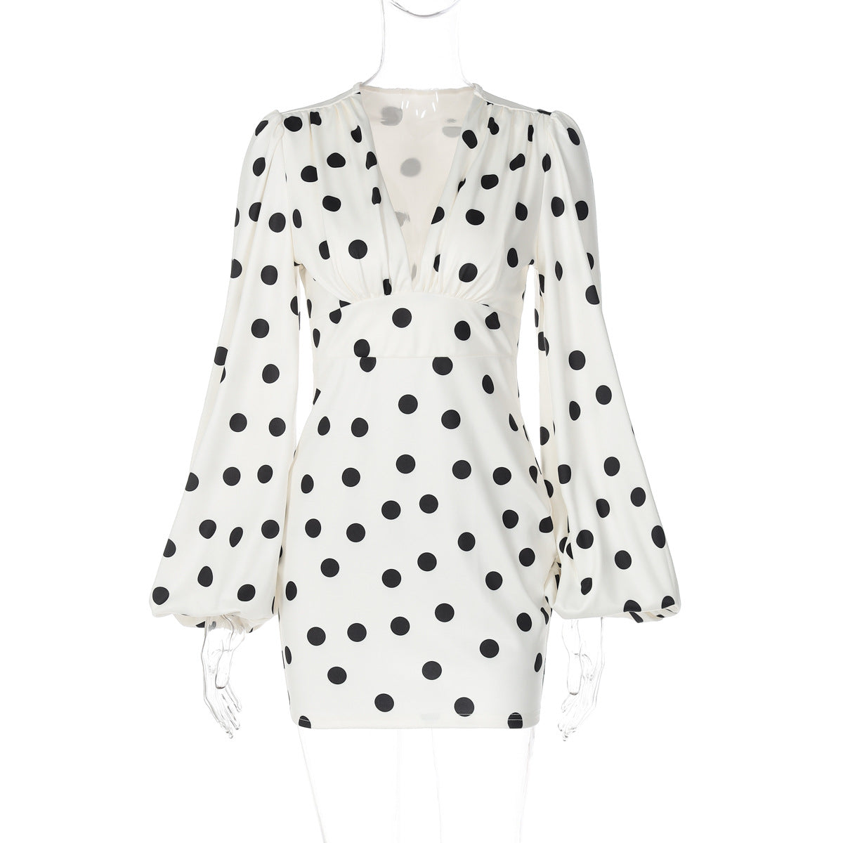 Polka Dot Printed Sexy Deep V Plunge neck Slim Fit Bell Sleeve Sheath Dress for Women by Ragazza