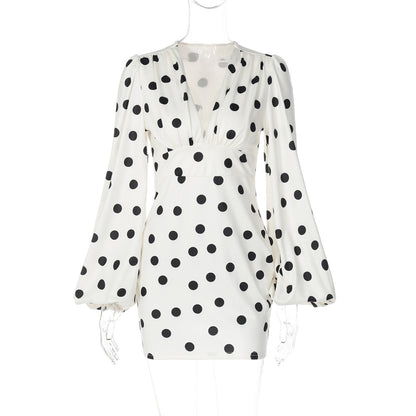Polka Dot Printed Sexy Deep V Plunge neck Slim Fit Bell Sleeve Sheath Dress for Women by Ragazza