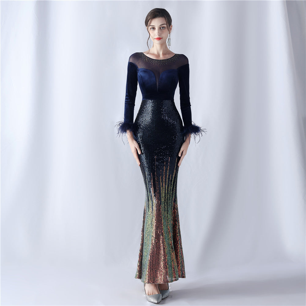 Gradient Bead Drilling Velvet High End Evening Dress by Ragazza