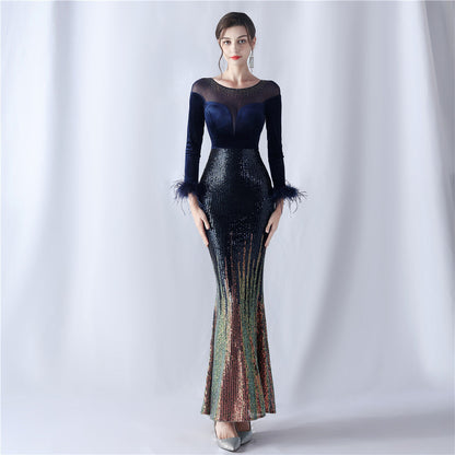 Gradient Bead Drilling Velvet High End Evening Dress by Ragazza