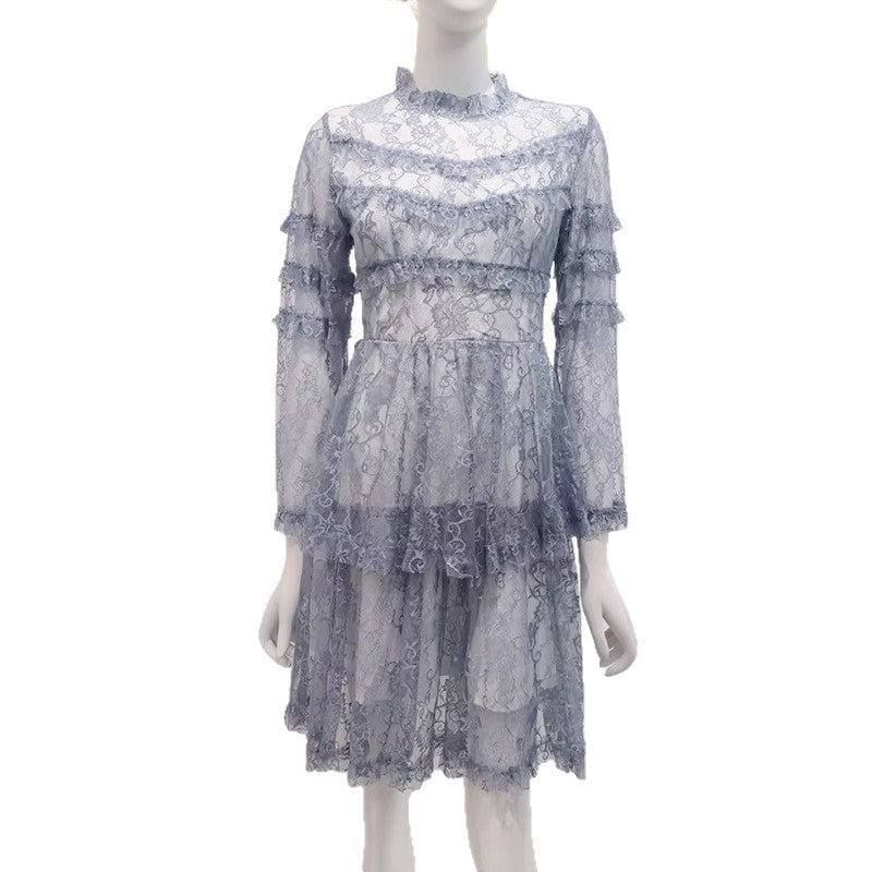Spring Elegant Casual Stitching Lotus Leaf See through Printed Stand Collar High Waist Long Sleeves Dress Women by Ragazza
