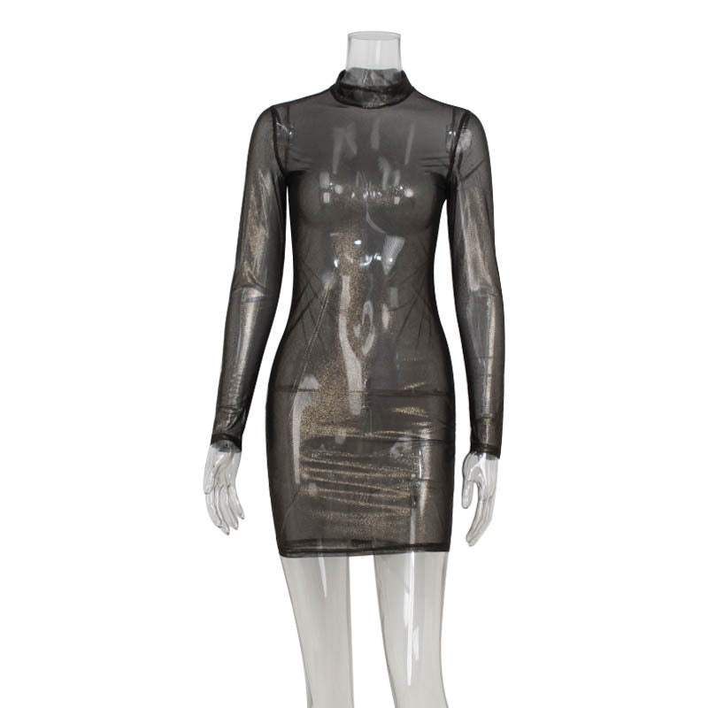 Women Sexy Mesh Long Sleeve Slim Bronzing Thin Glittering Dress Sheath Blouse by Ragazza