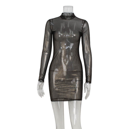 Women Sexy Mesh Long Sleeve Slim Bronzing Thin Glittering Dress Sheath Blouse by Ragazza