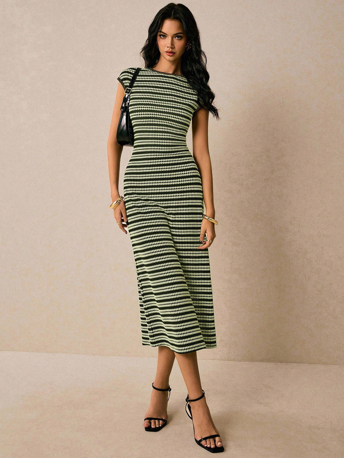 Casual Multicolor Striped Waist round Neck Short Sleeve Long Pattern Women Dress  DestGlow