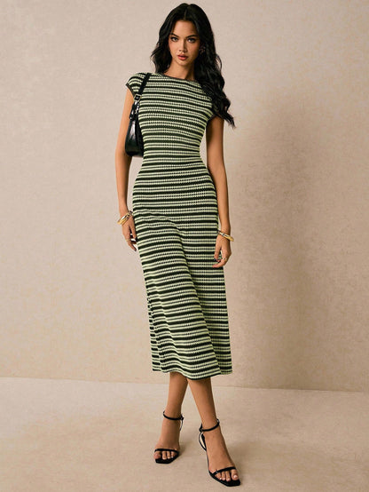 Casual Multicolor Striped Waist round Neck Short Sleeve Long Pattern Women Dress  DestGlow