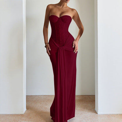 Women Evening Maxi Dress Waist Slimming Ribbon Tube Top Dress by Ragazza