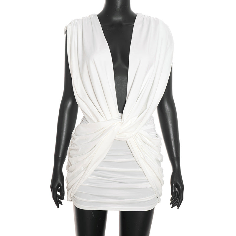 Women Clothing Summer Solid Color Casual Cross Twist Sleeveless Pleated Slim Short Dress  DestGlow