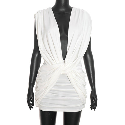 Women Clothing Summer Solid Color Casual Cross Twist Sleeveless Pleated Slim Short Dress  DestGlow