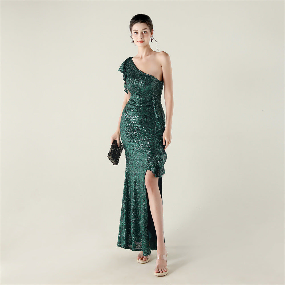 One Shoulder Ruffles Embellished Beaded Chain Handmade Sequined Evening Dress Cocktail Party Wedding by Ragazza