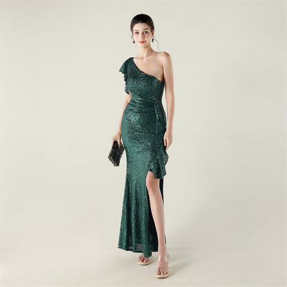 One Shoulder Ruffles Embellished Beaded Chain Handmade Sequined Evening Dress Cocktail Party Wedding by Ragazza