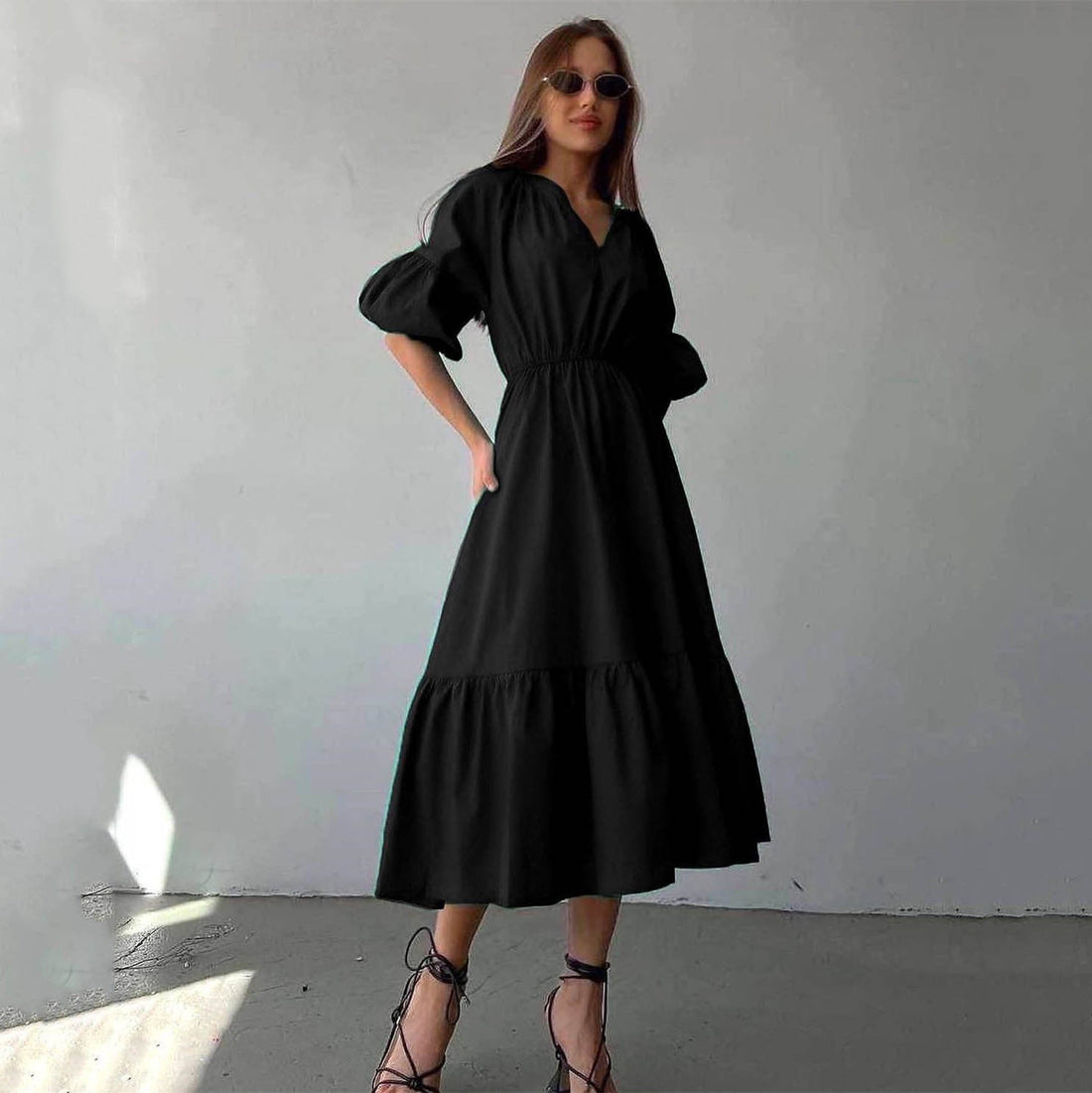 V neck Dress Office High Waist French Half Sleeve A line Dress Women Casual Dress Summer by Ragazza