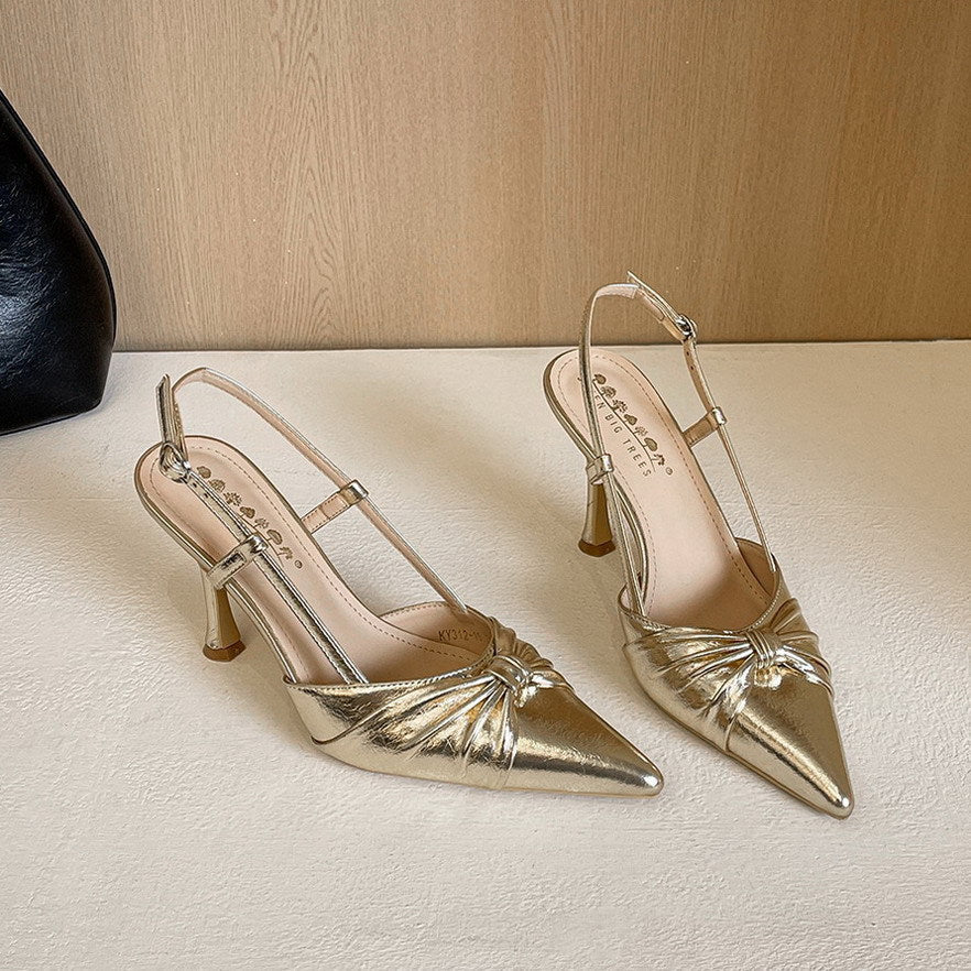 Nightclubs Goddess Stiletto Heels Bow Twisted Pana Pointed Toe Buckle Outdoor Sandals  DestGlow