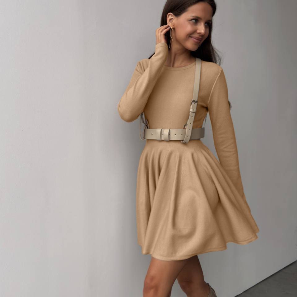 Round Neck Waist Trimming Knitted Dress Women All Match Advanced Pleated Woolen by Ragazza